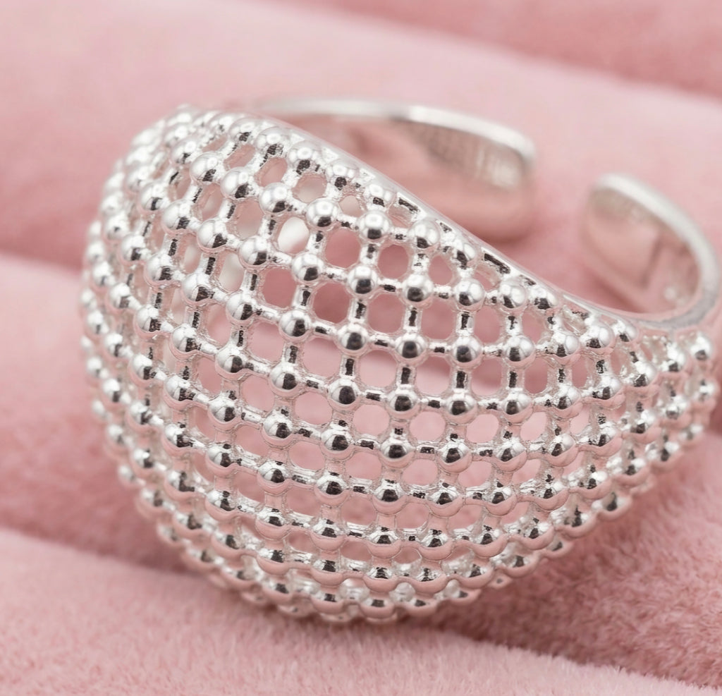 Anillo ajustable cúpula calada estilo bombé plata 925 boho chic | vaqueraspain