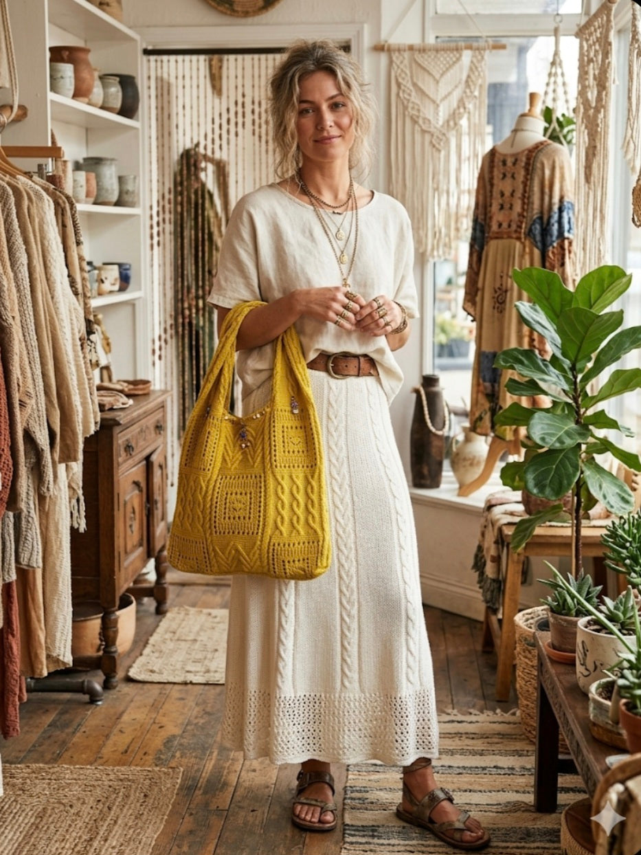 Vista lateral bolso bohemio algodón amarillo intenso con tachas doradas | vaqueraspain