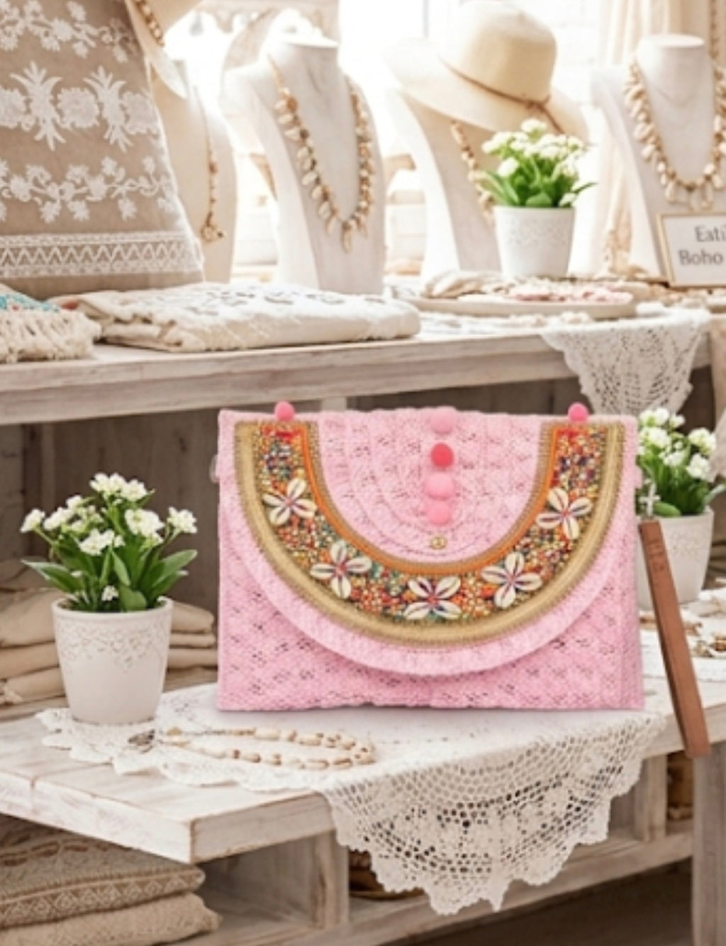 Bolso boho chic rosa pastel   Conchas marinas