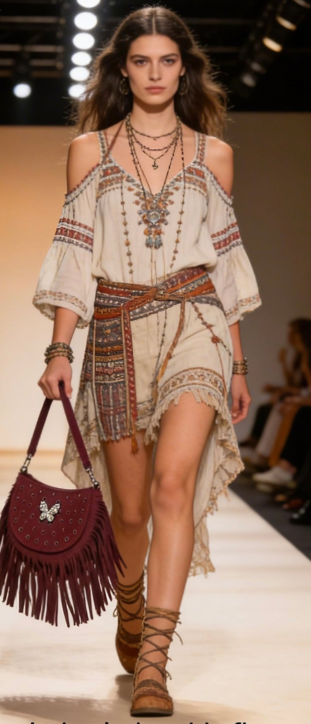Bolso boho chic flecos antelina burdeos con mariposa brillante vintage | vaqueraspain