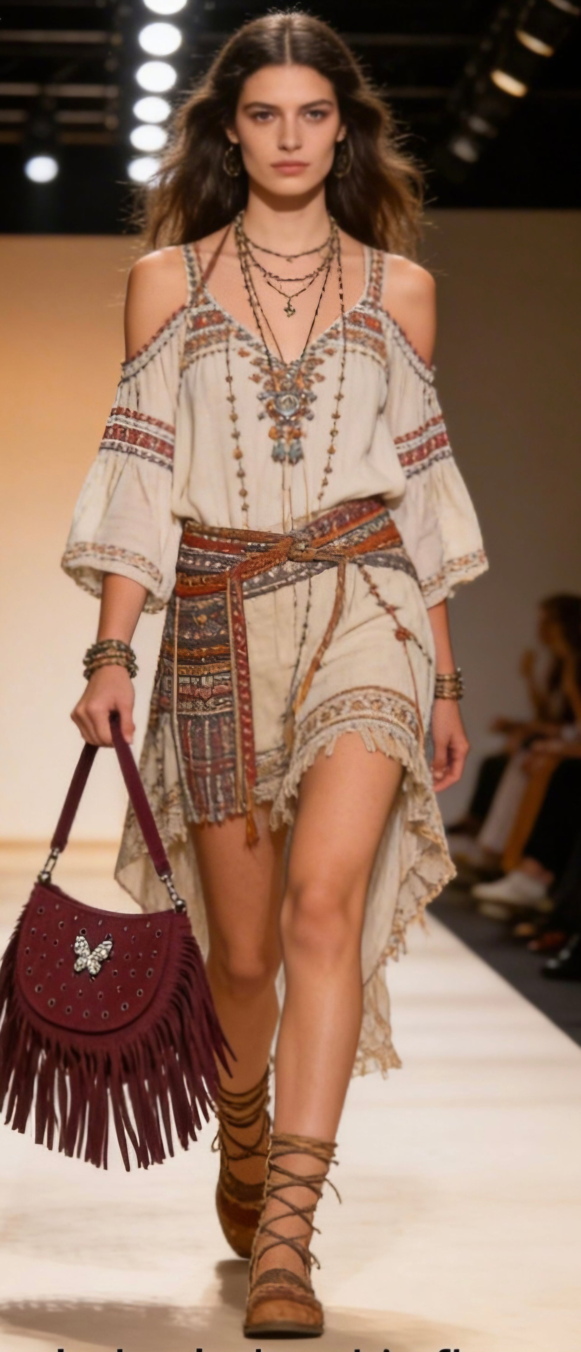 Bolso boho chic flecos antelina burdeos con mariposa brillante vintage | vaqueraspain