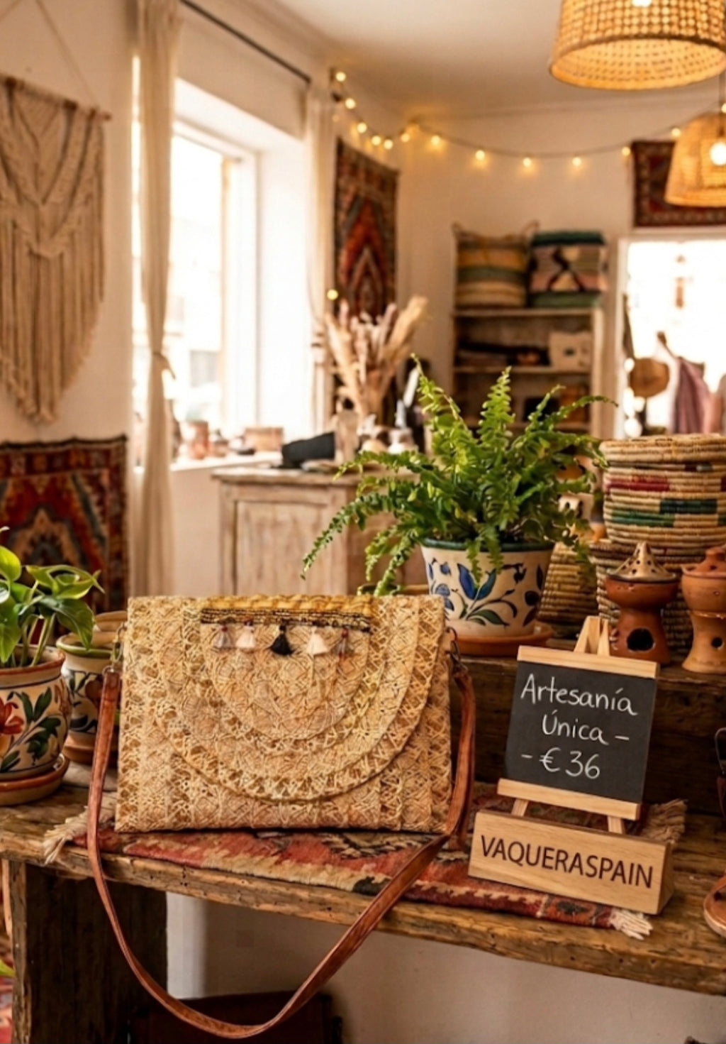 Bolso boho chic con detalles dorados y borlas decorativas.