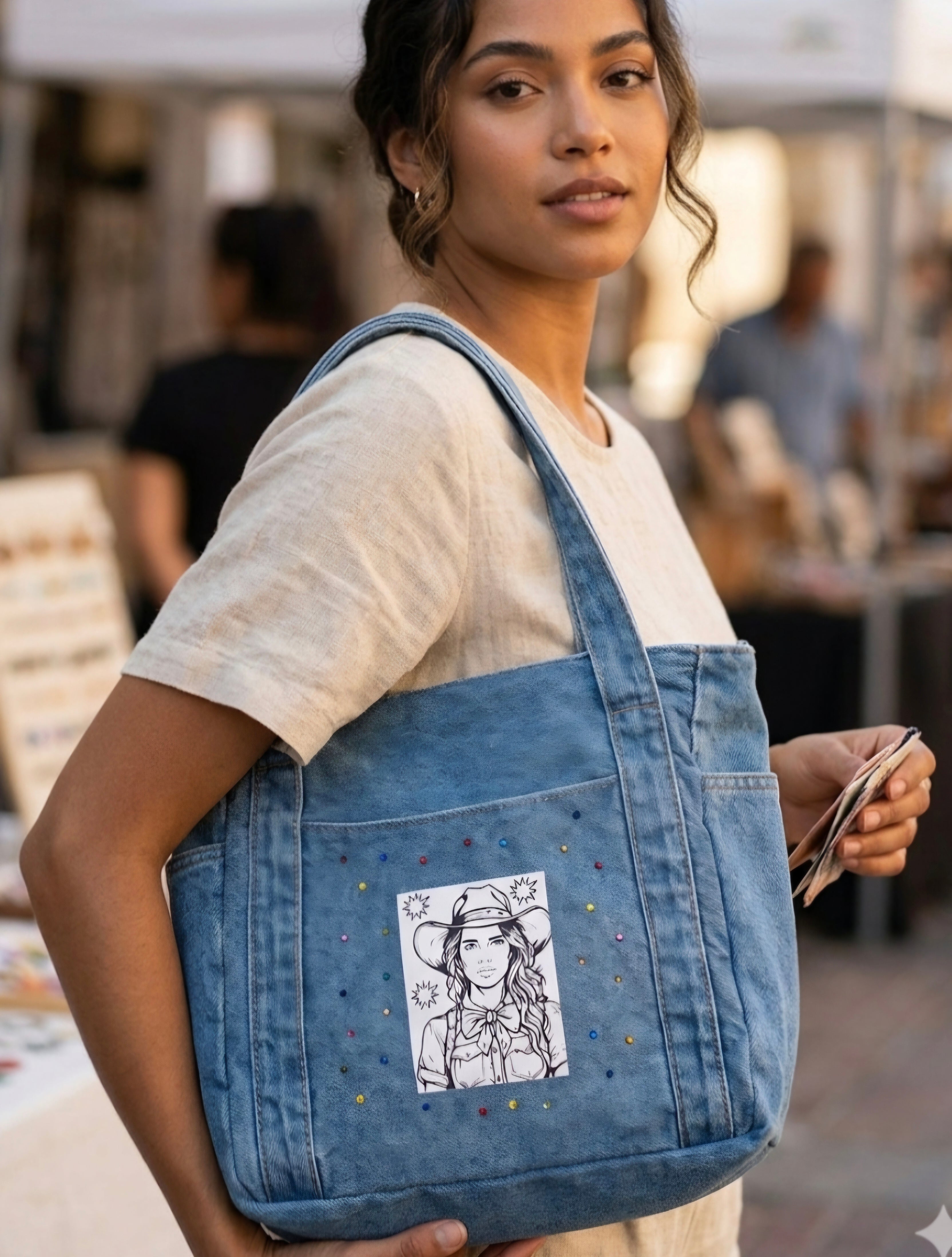 Bolso estilo vaquero con diamantes de imitación de colores y logo vaqueraspain