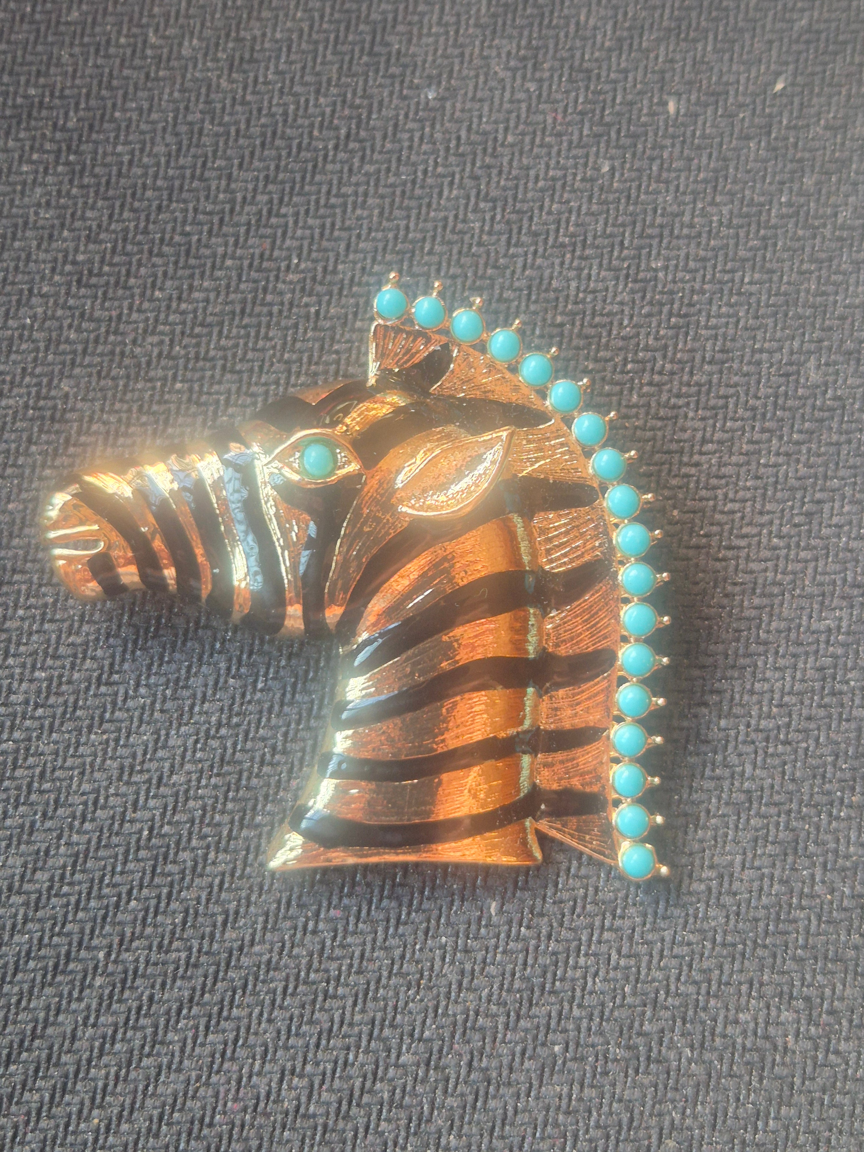 Broche vintage cabeza de cebra con ojo turquesa