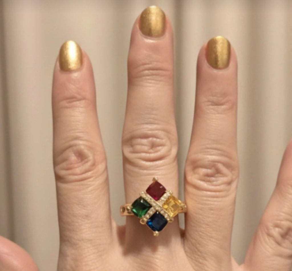 Vista frontal anillo art deco rombo plata 925 chapado oro 18K | vaqueraspain