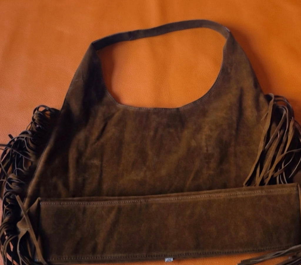 Vista trasera bolso tote bohemio antelina marrón chocolate boho chic | vaqueraspain