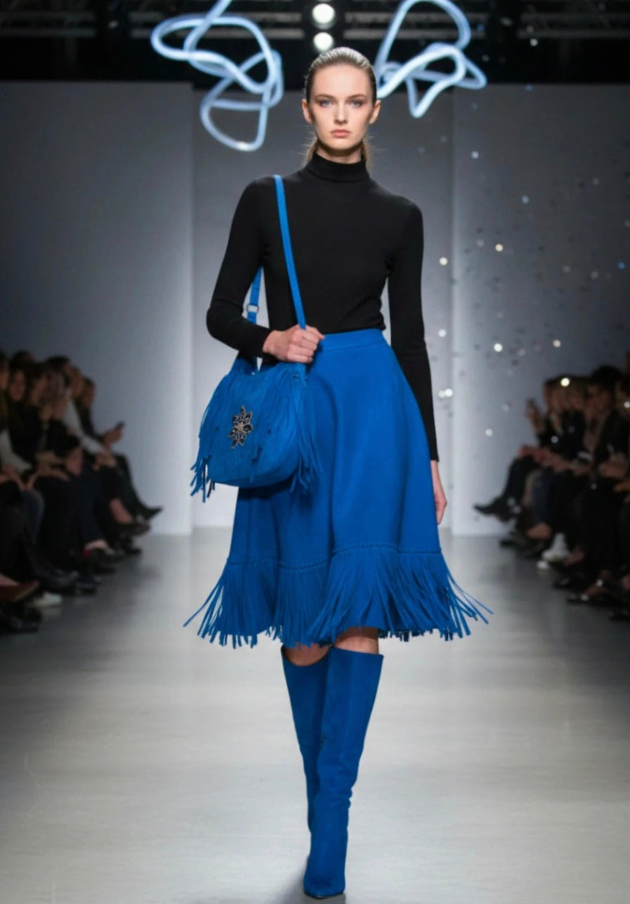 Bolso bohemio boho chic con flecos color azul rey artesanal vintage | vaqueraspain