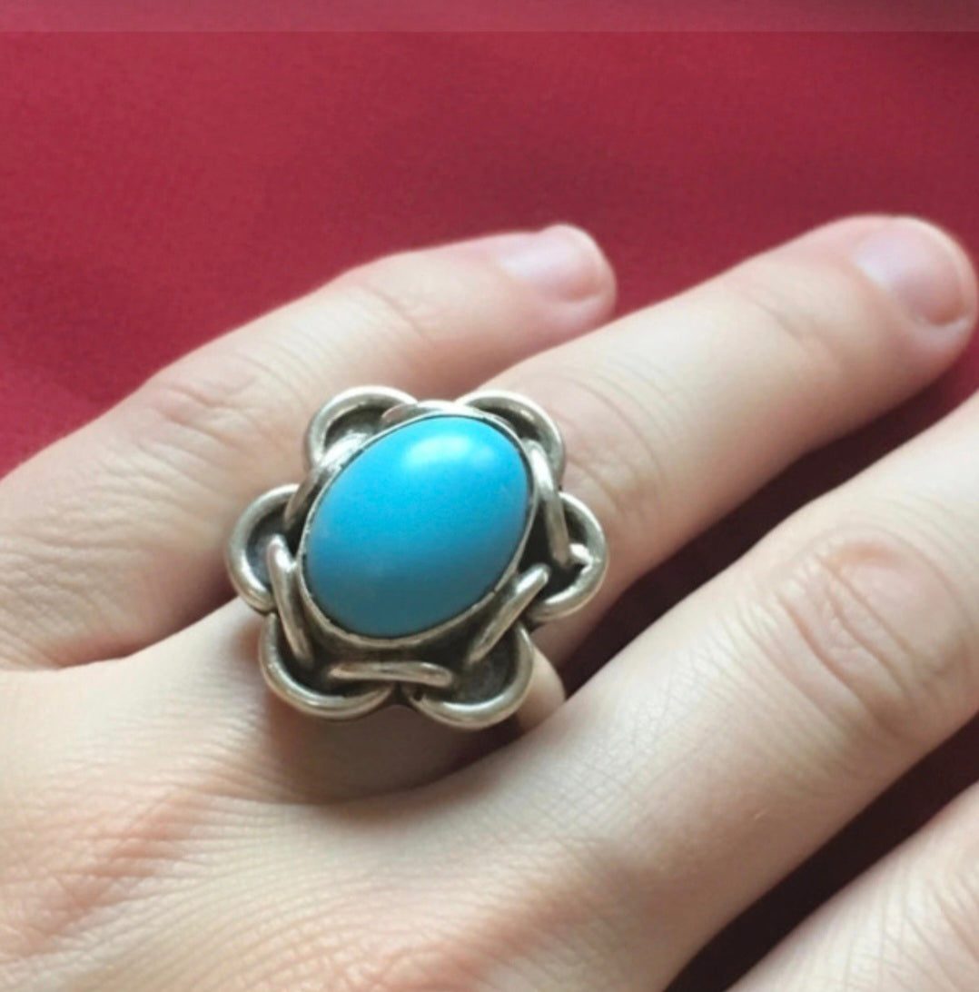 Anillo vintage bohemio azul celeste silueta flor plata 925 talla 21 | vaqueraspain