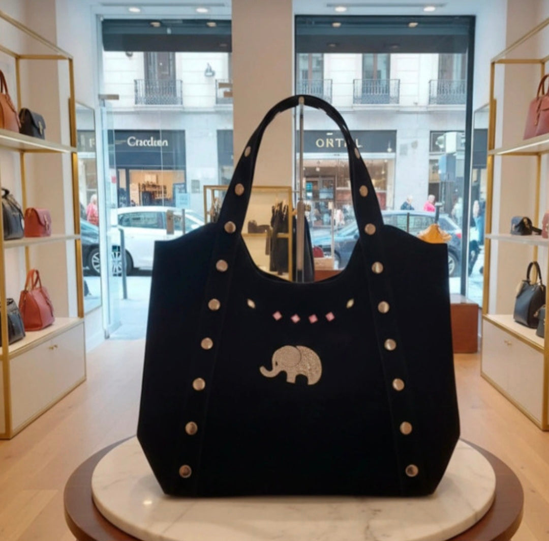 Bolso tote elefante brillante de antelina negra boho chic vintage | vaqueraspain