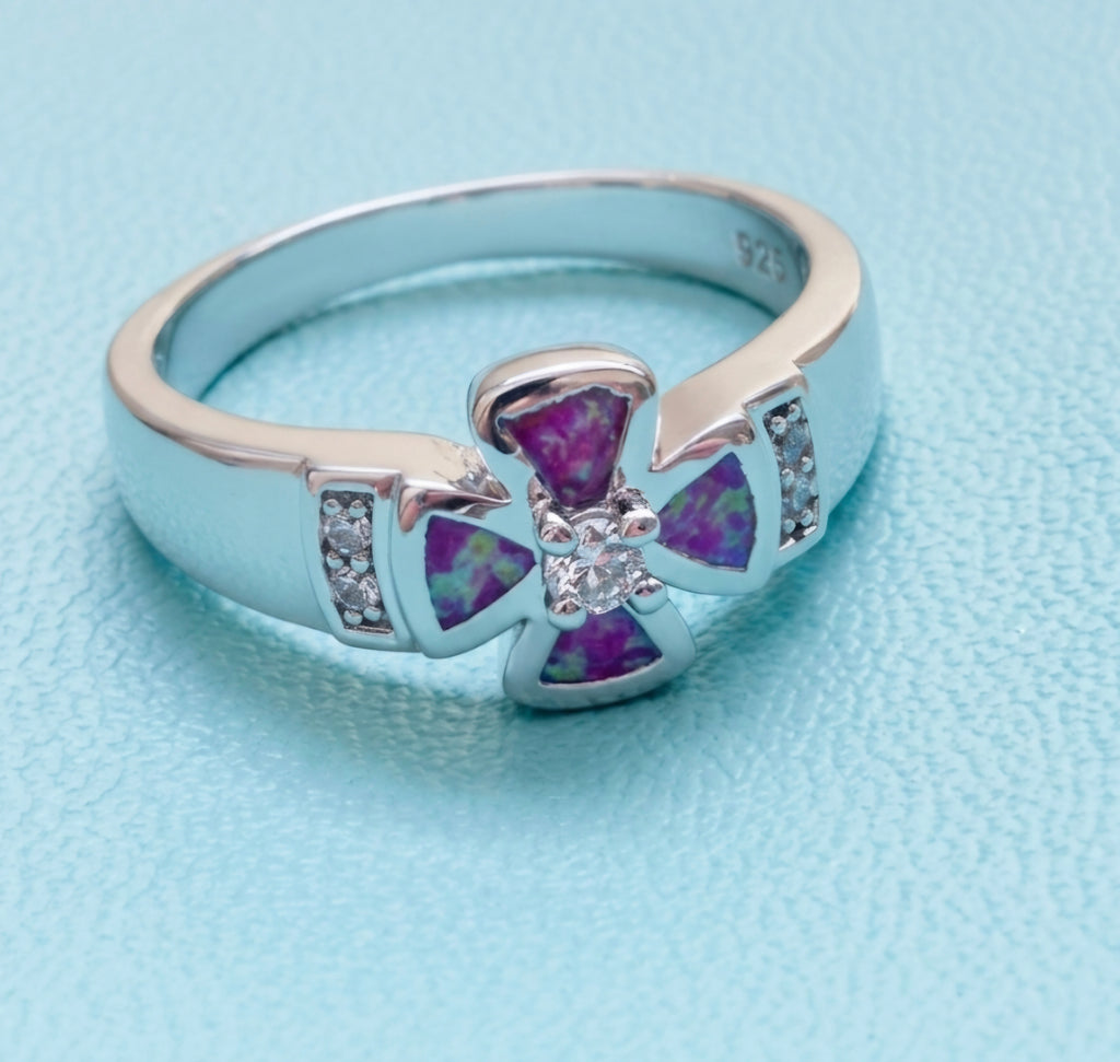 Anillo cruz de ópalo sintetico de plata 925
