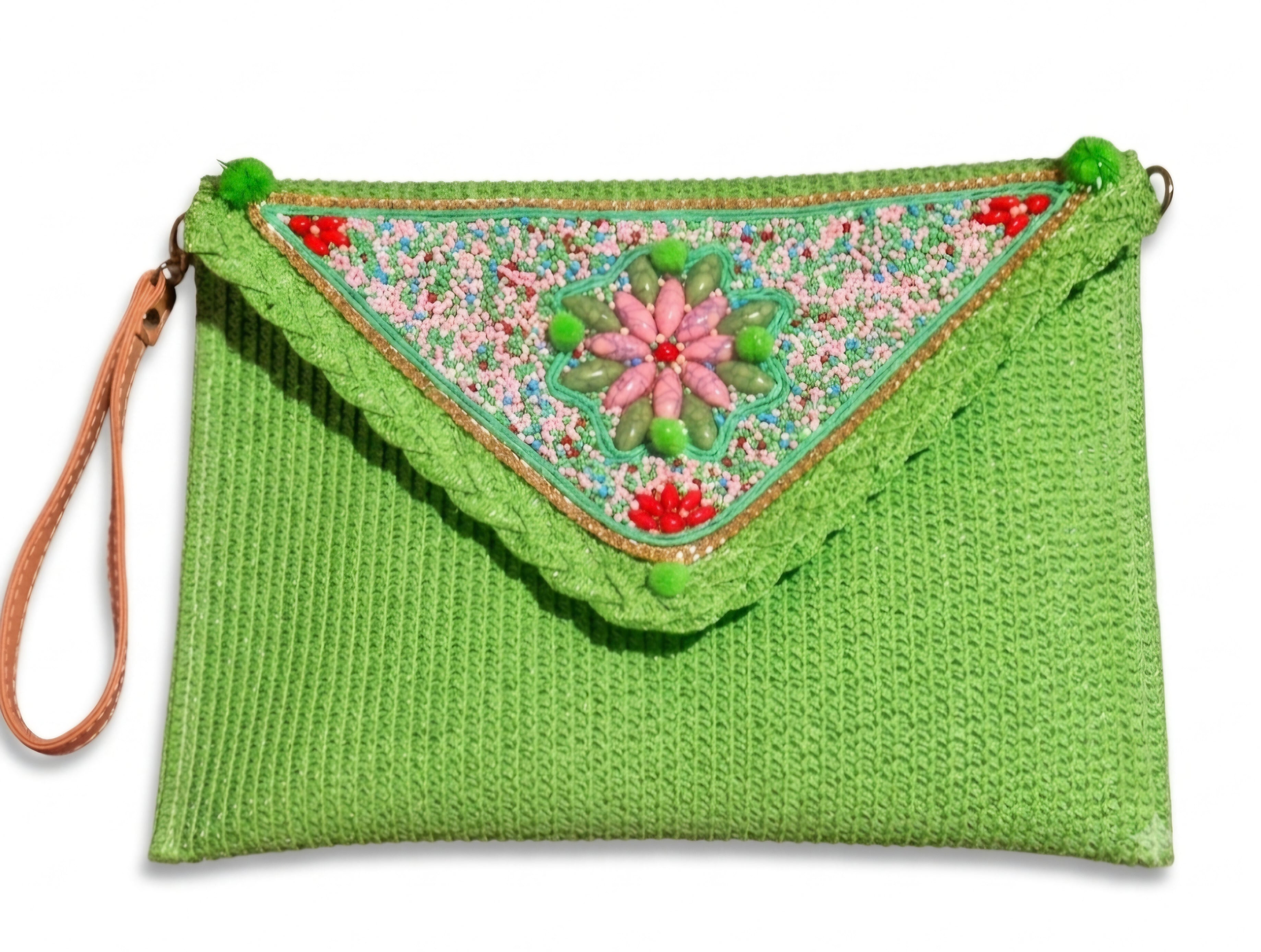 Bolso boho chic verde lima con detalle floral