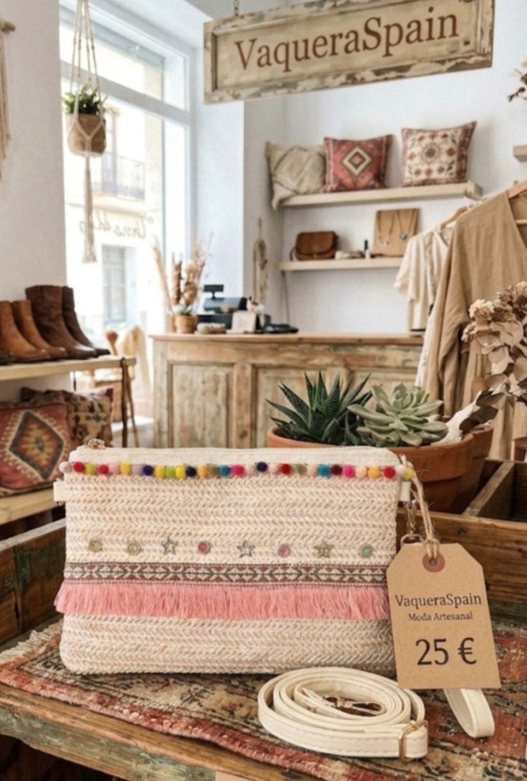 Bolso boho chic con pompones y franja étnica con flecos rosas artesanal | vaqueraspain
