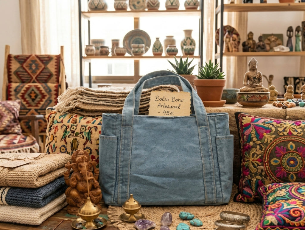 Detalle patrones geométricos y pompones bolso boho artesanal | vaqueraspain