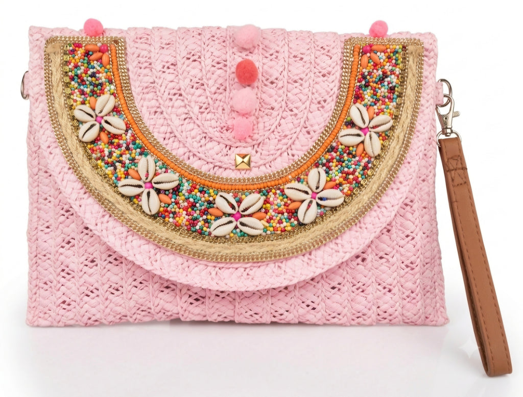 Bolso boho chic rosa pastel   Conchas marinas