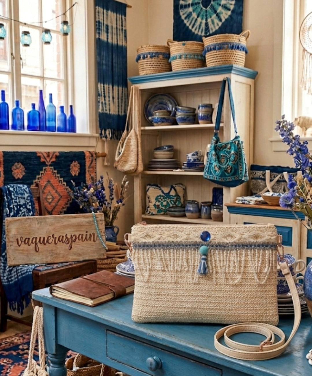 Bolso clutch boho chic con pompón celeste