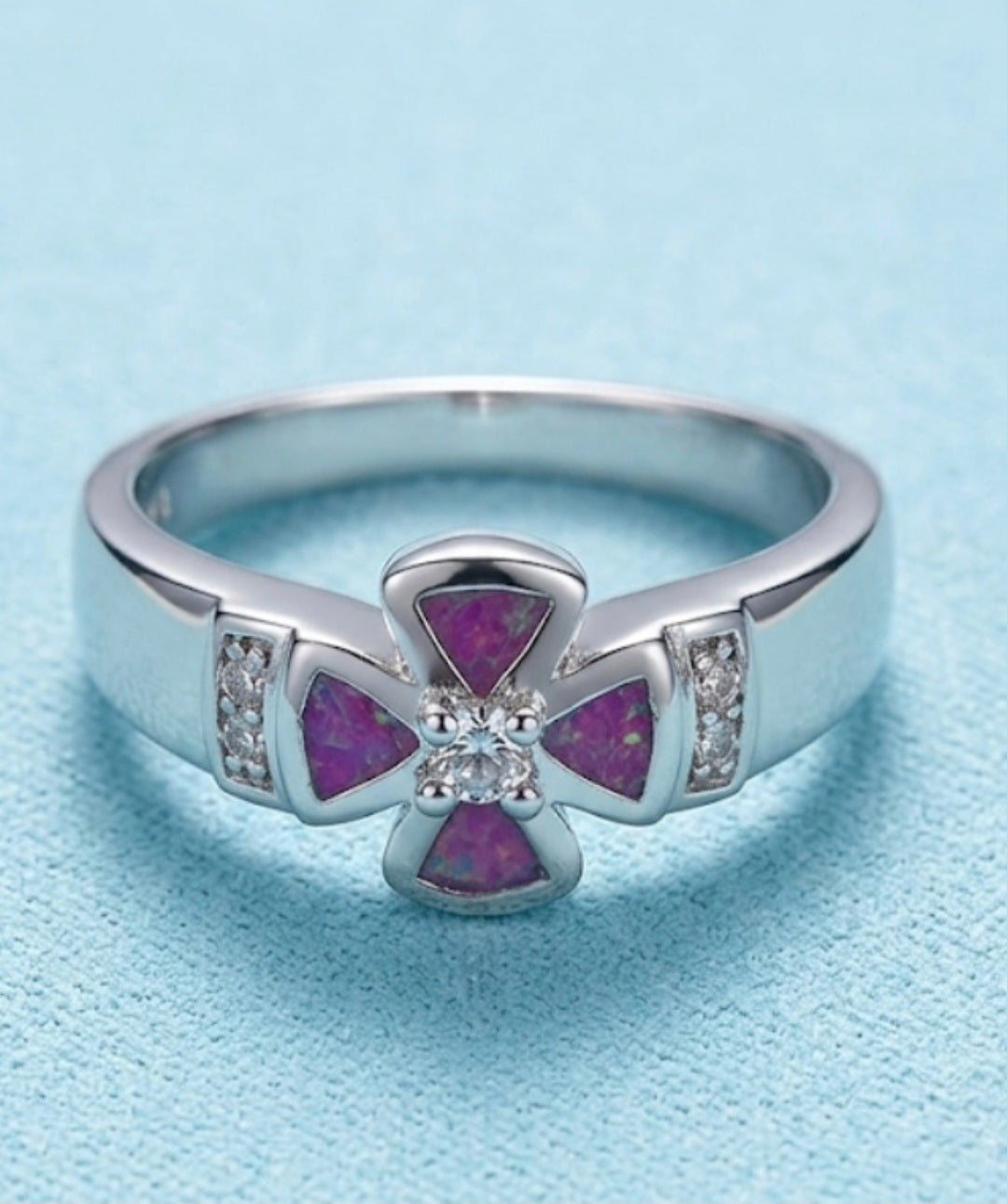 Anillo cruz de ópalo sintetico de plata 925