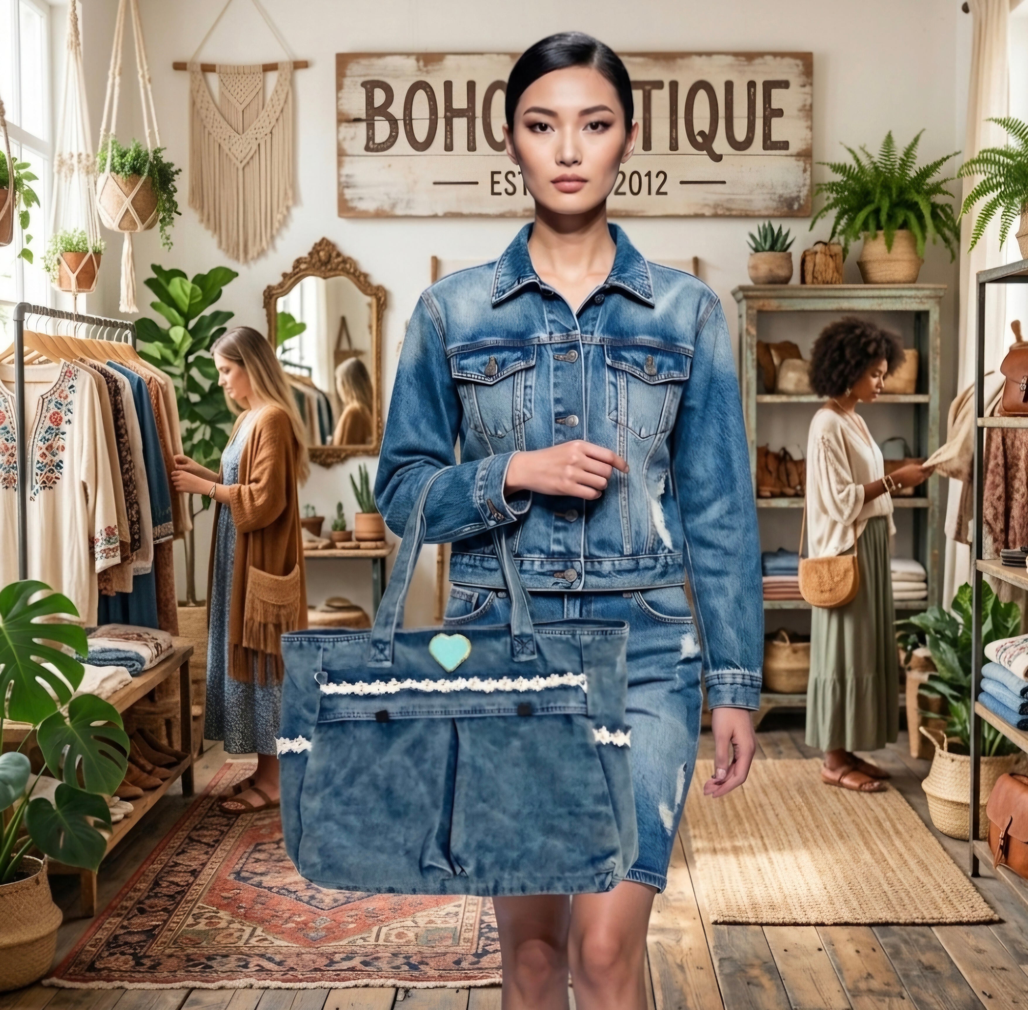 Bolso vaquero boho con galón de margaritas perlitas blancas y corazón celeste | vaqueraspain