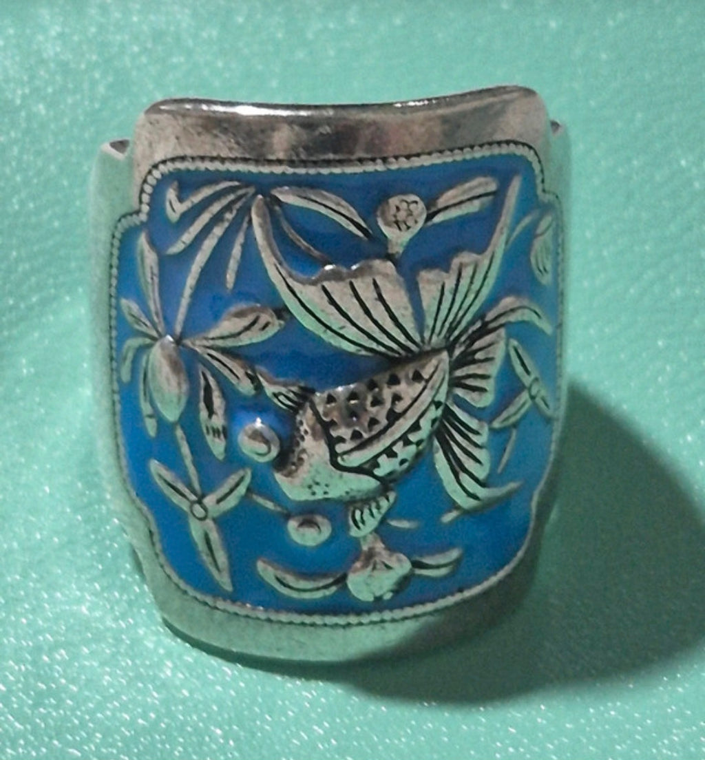 Detalle flor de loto y pez dorado anillo vintage bohemio plata 925 | vaqueraspain
