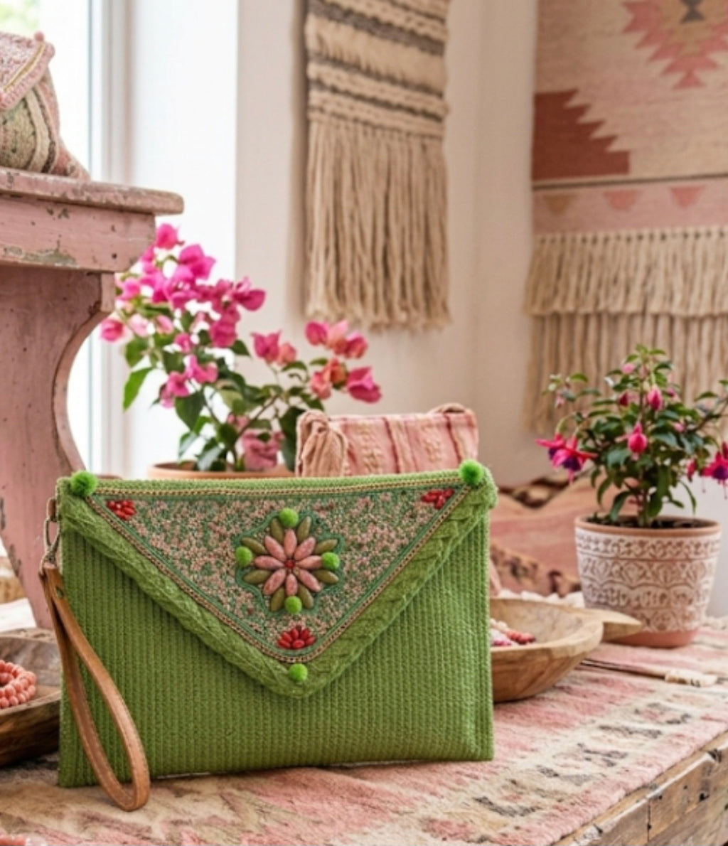 Bolso boho chic verde lima con detalle floral