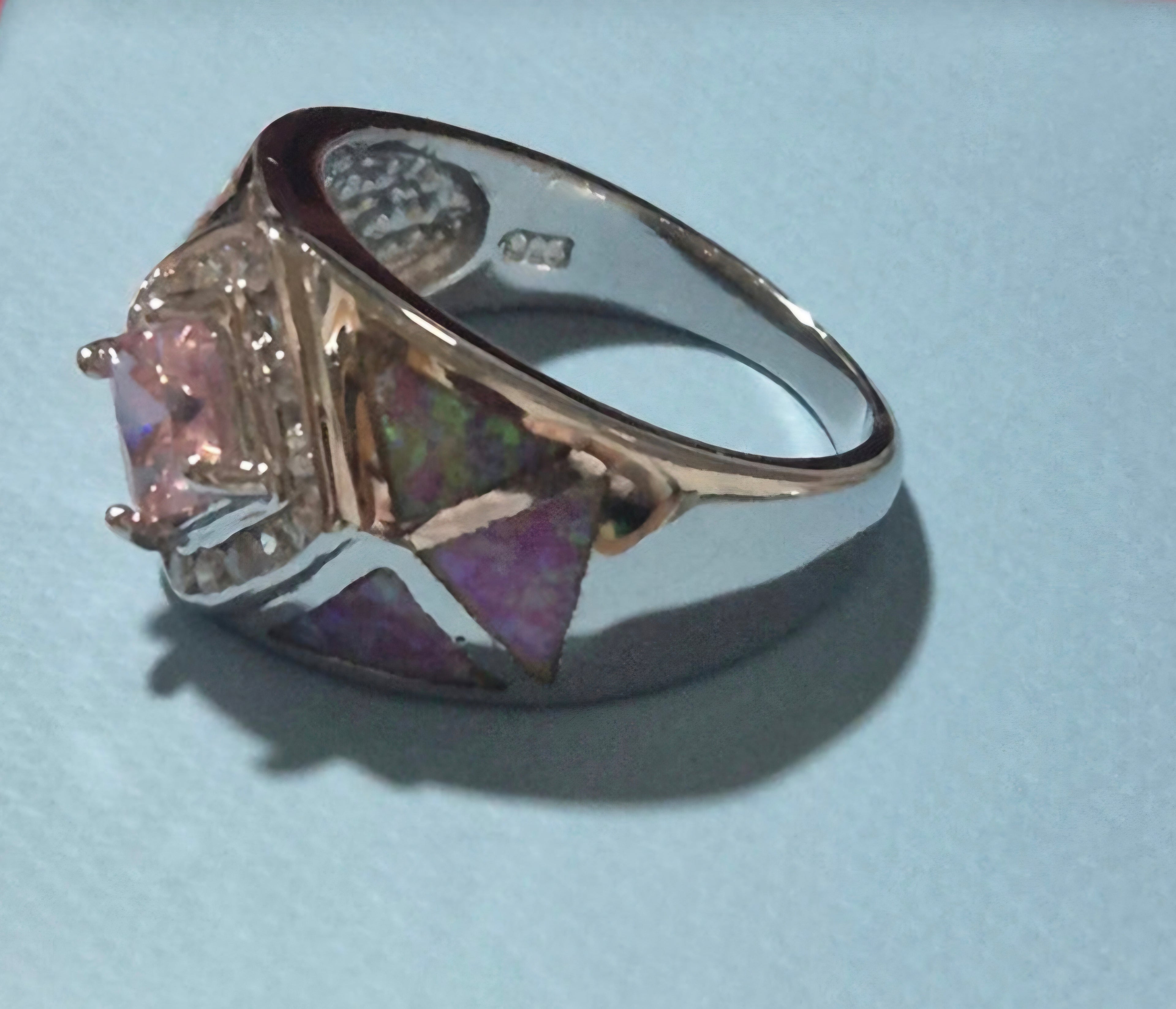 Vista frontal anillo rombo rosa plata 925 boho chic | vaqueraspain