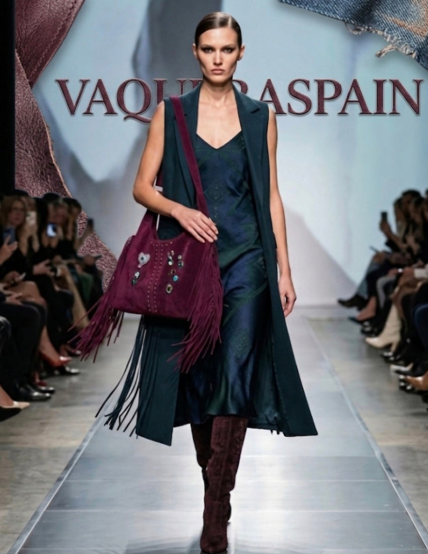 Bolso tote antelina burdeos boho chic con corazón blanco vintage | vaqueraspain