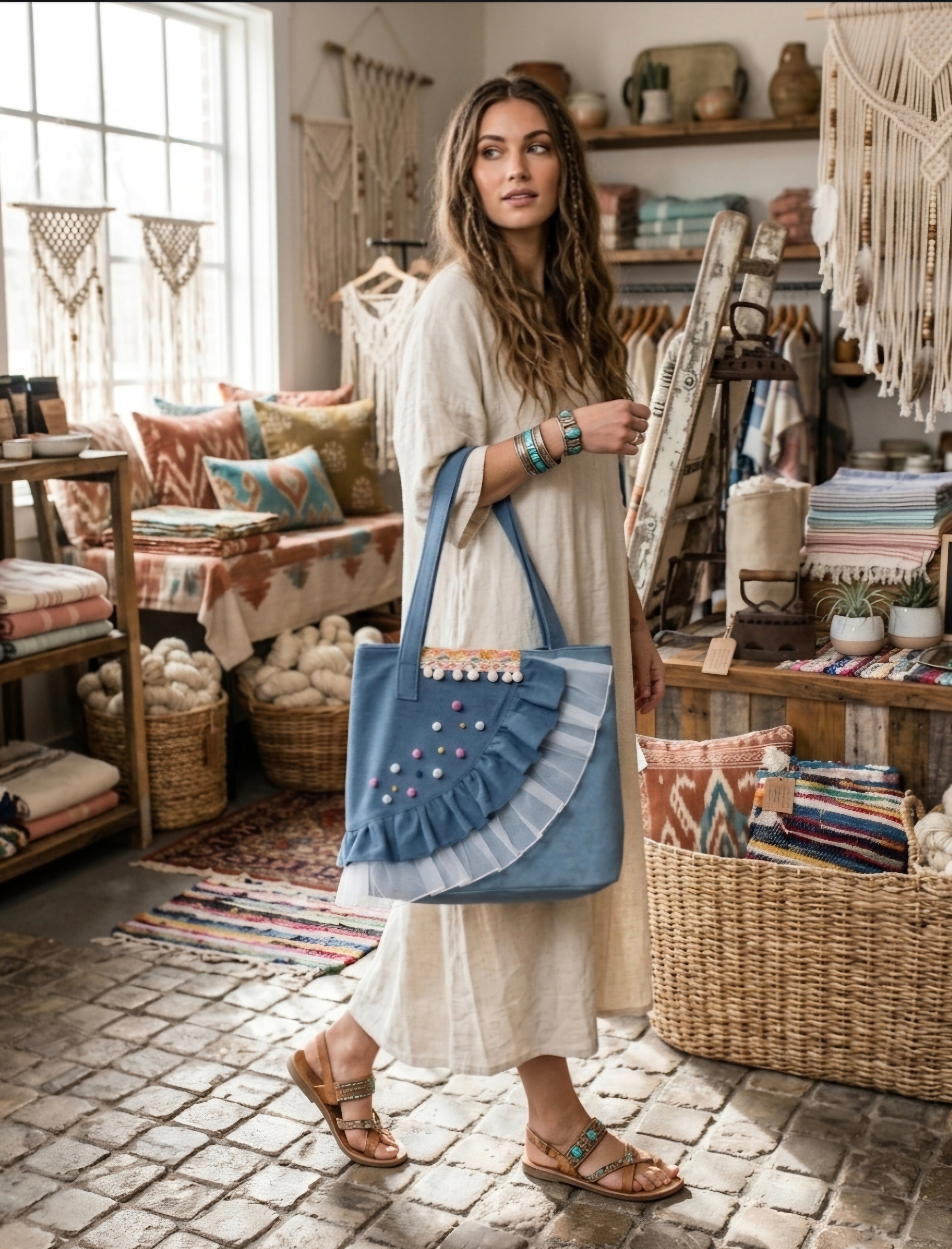Detalle pompones bolso tote vaquero boho chic | vaqueraspain