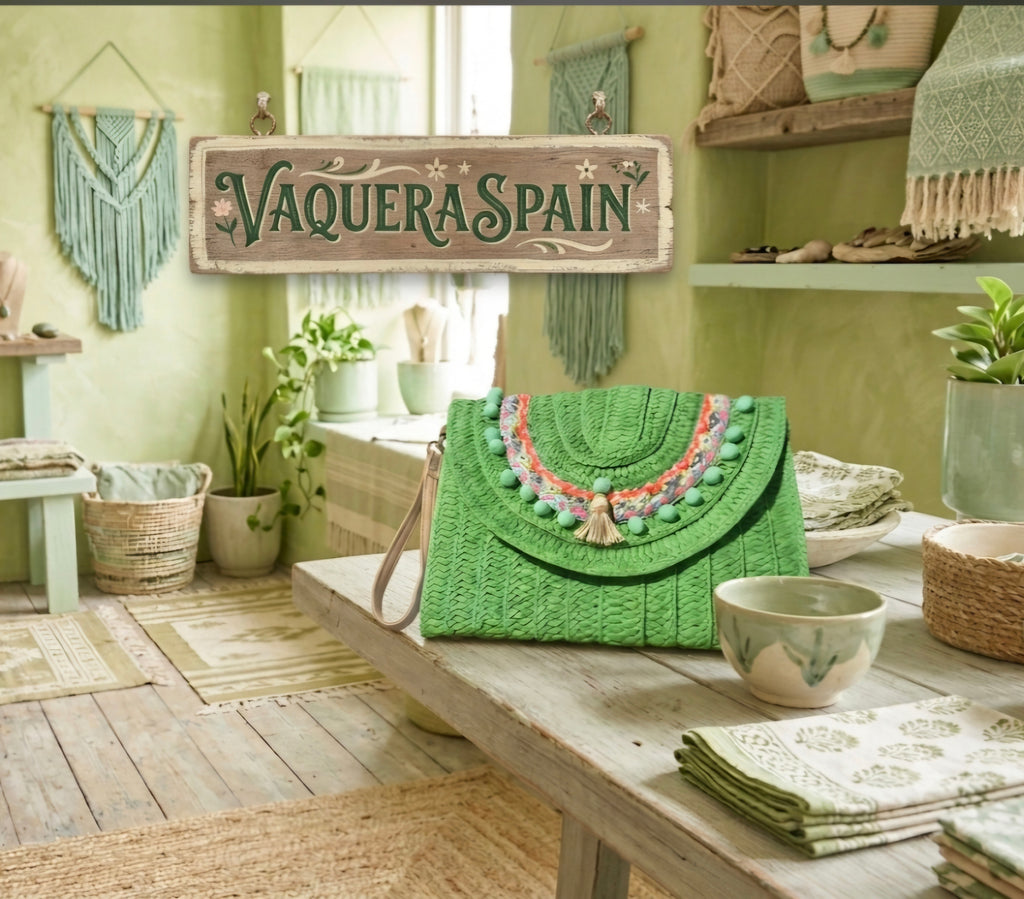 Bolso boho chic color verde pistacho con borlas