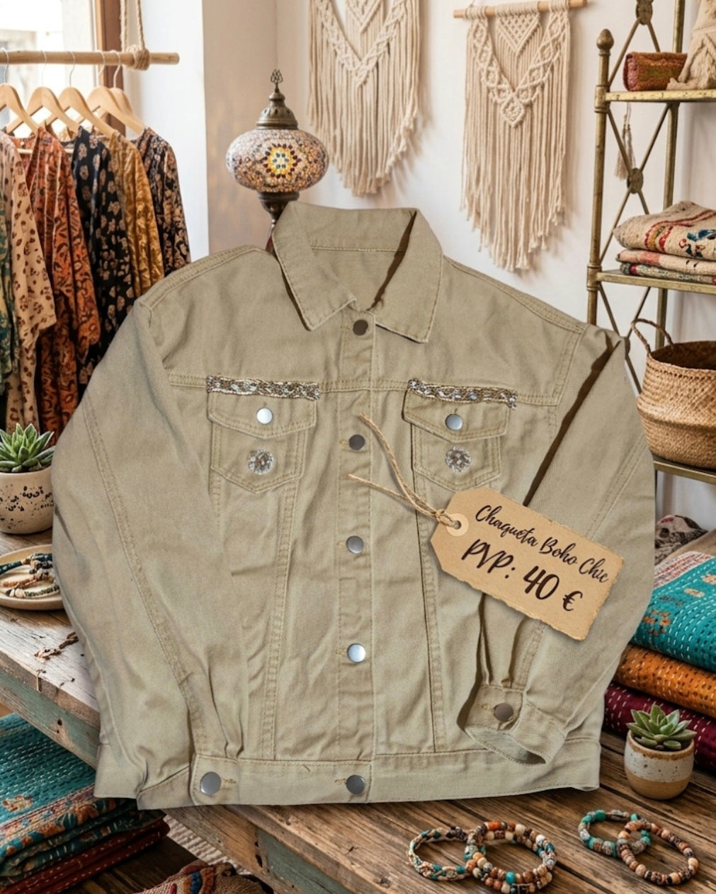 Vista trasera chaqueta vaquera beige con detalles dorados | vaqueraspain