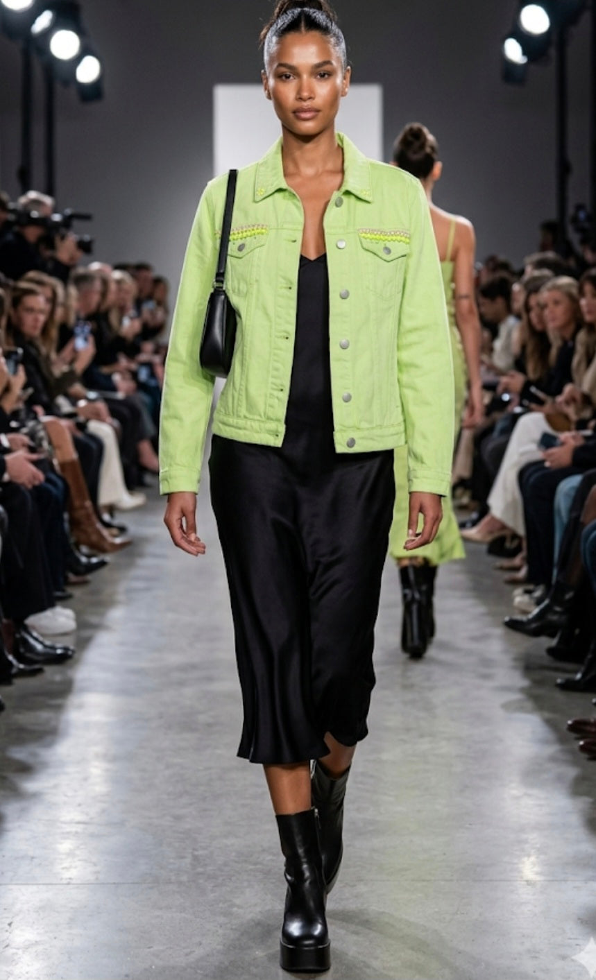 Detalle cenefa bordada y pedrería chaqueta vaquera verde lima talla M | vaqueraspain