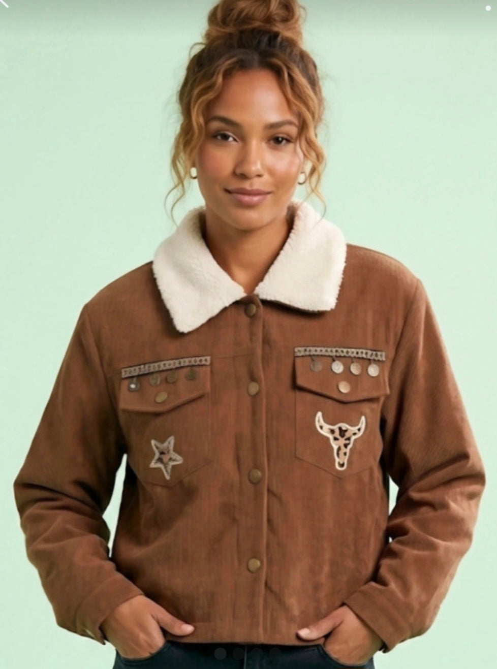 Cazadora western boho chic talla L con estrella animal print y cabeza de toro | vaqueraspain