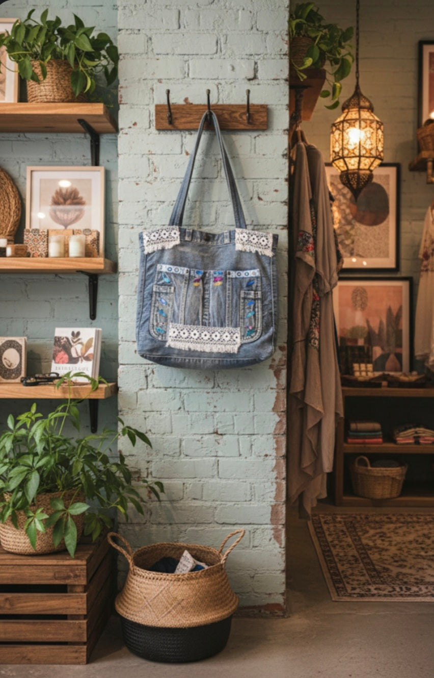 Bolso Tote bohemio encajes blancos detalle decorativo - vaqueraspain