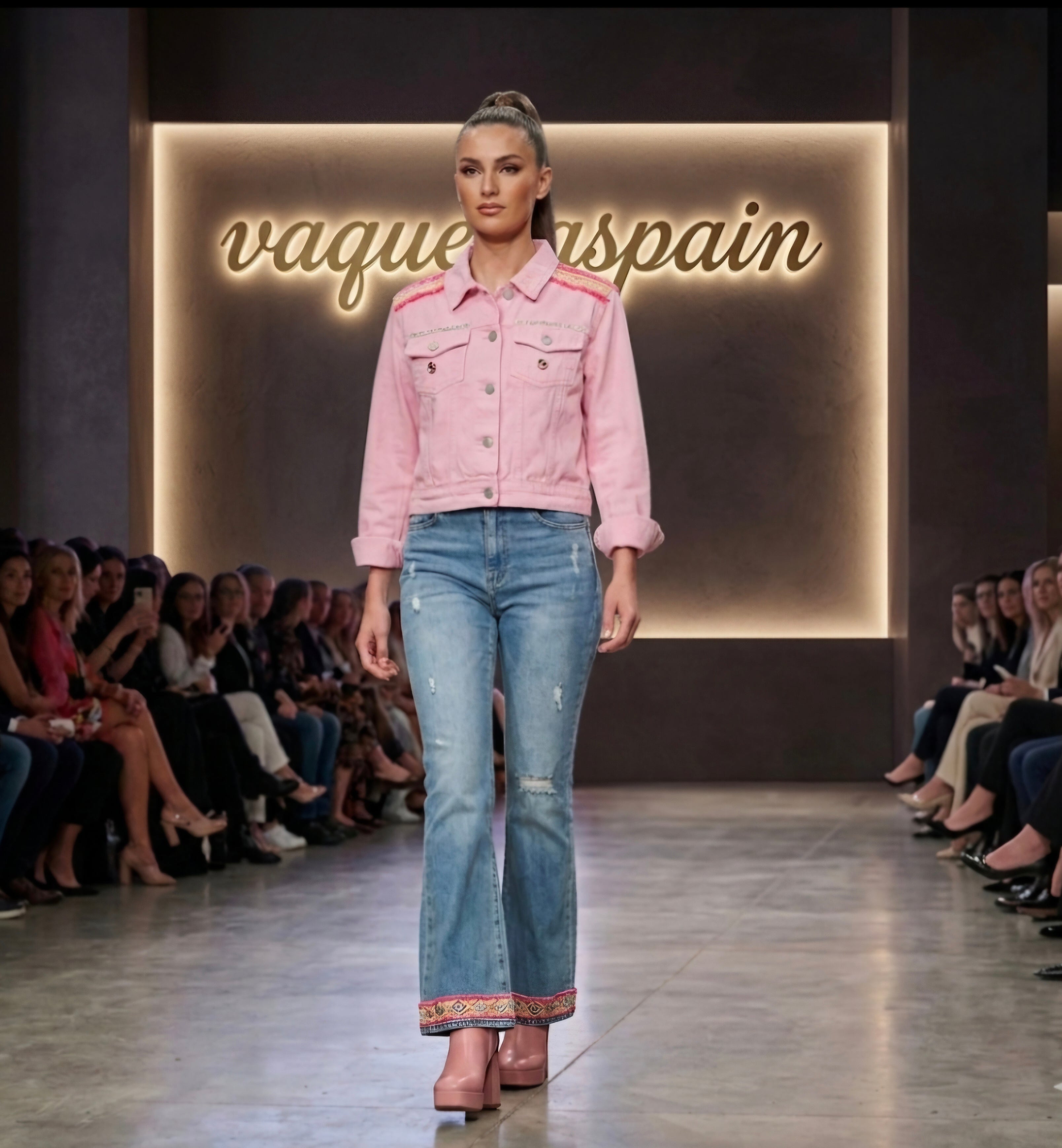 Chaqueta vaquera boho chic rosa claro talla M con cenefa bordada y flecos fucsia | vaqueraspain