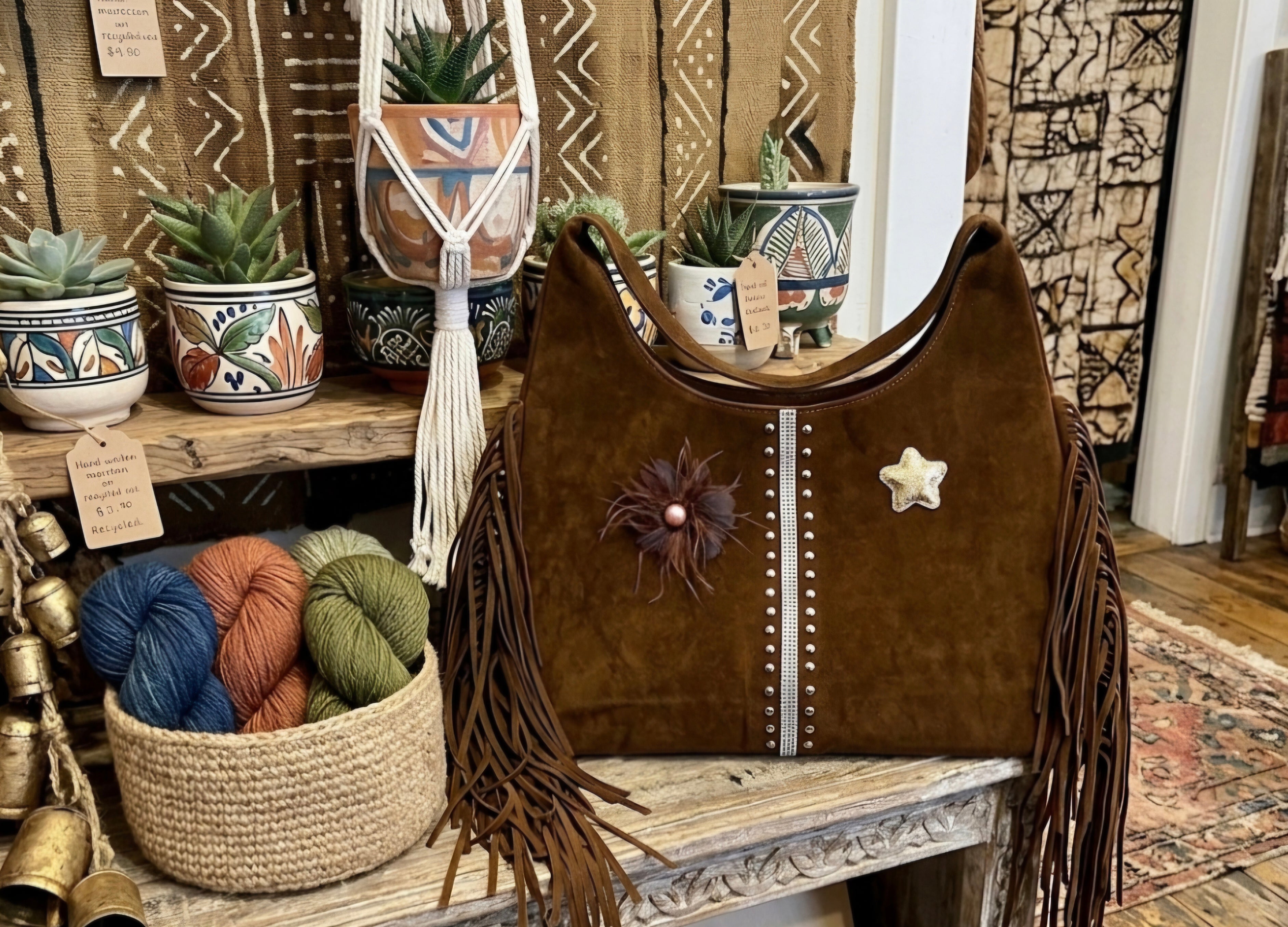Detalle antelina marrón chocolate bolso tote boho chic | vaqueraspain