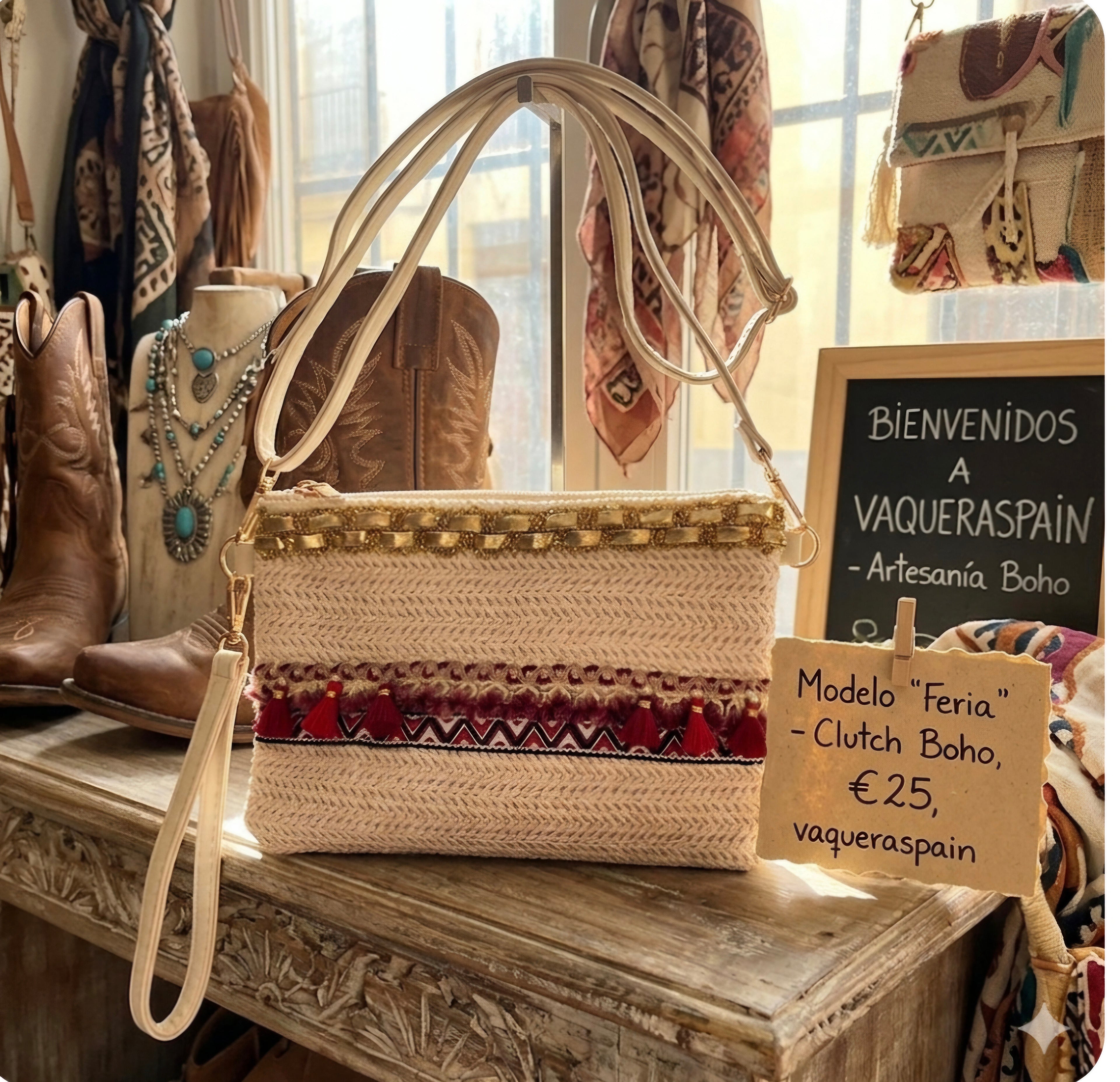 Bolso clutch modelo feria con borlas boho chic artesanal vintage | vaqueraspain
