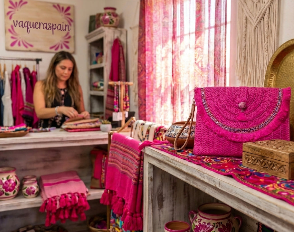 Bolso boho chic rosa fucsia vibrante con flecos