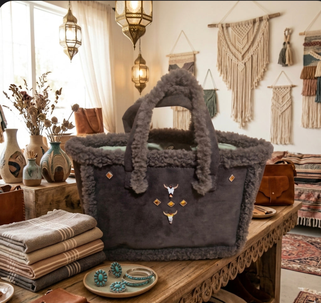 Bolso tote boho chic calaveras de toro con pedrería mostaza vintage | vaqueraspain