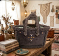 Bolso tote boho chic calaveras de toro con pedrería mostaza vintage | vaqueraspain