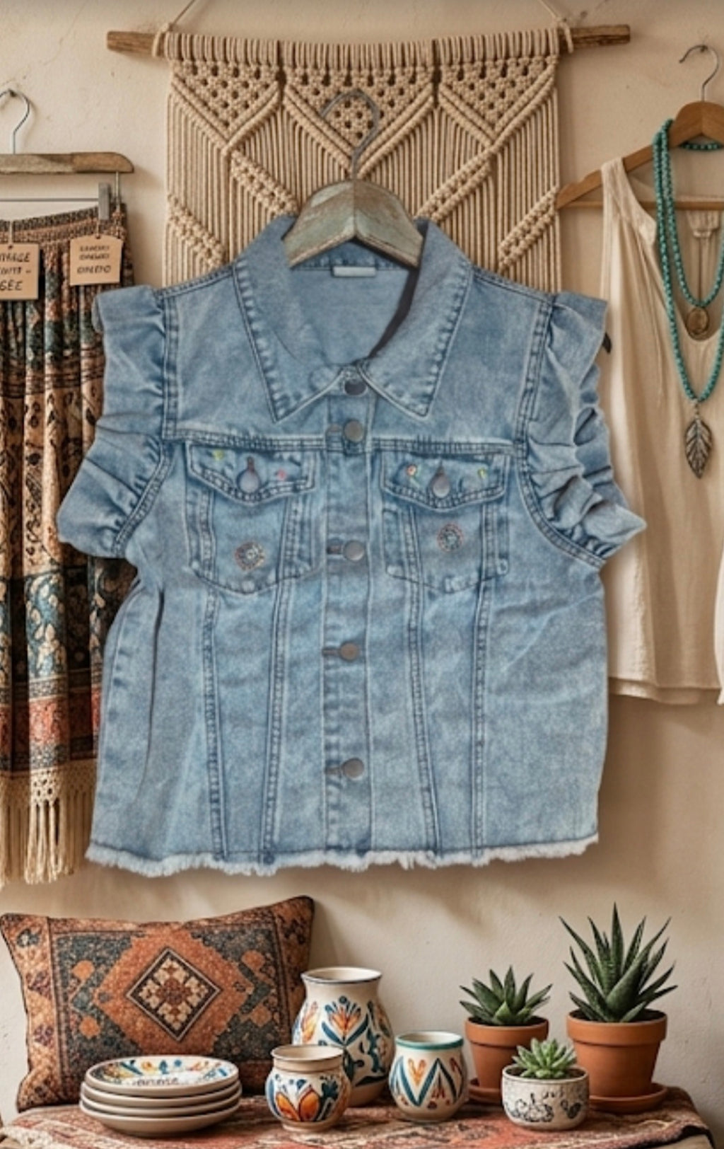 Vista trasera chaleco vaquero boho chic con volantes talla M | vaqueraspain