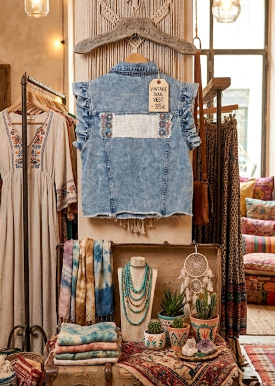 Vista lateral chaleco vaquero artesanal topos boho chic | vaqueraspain