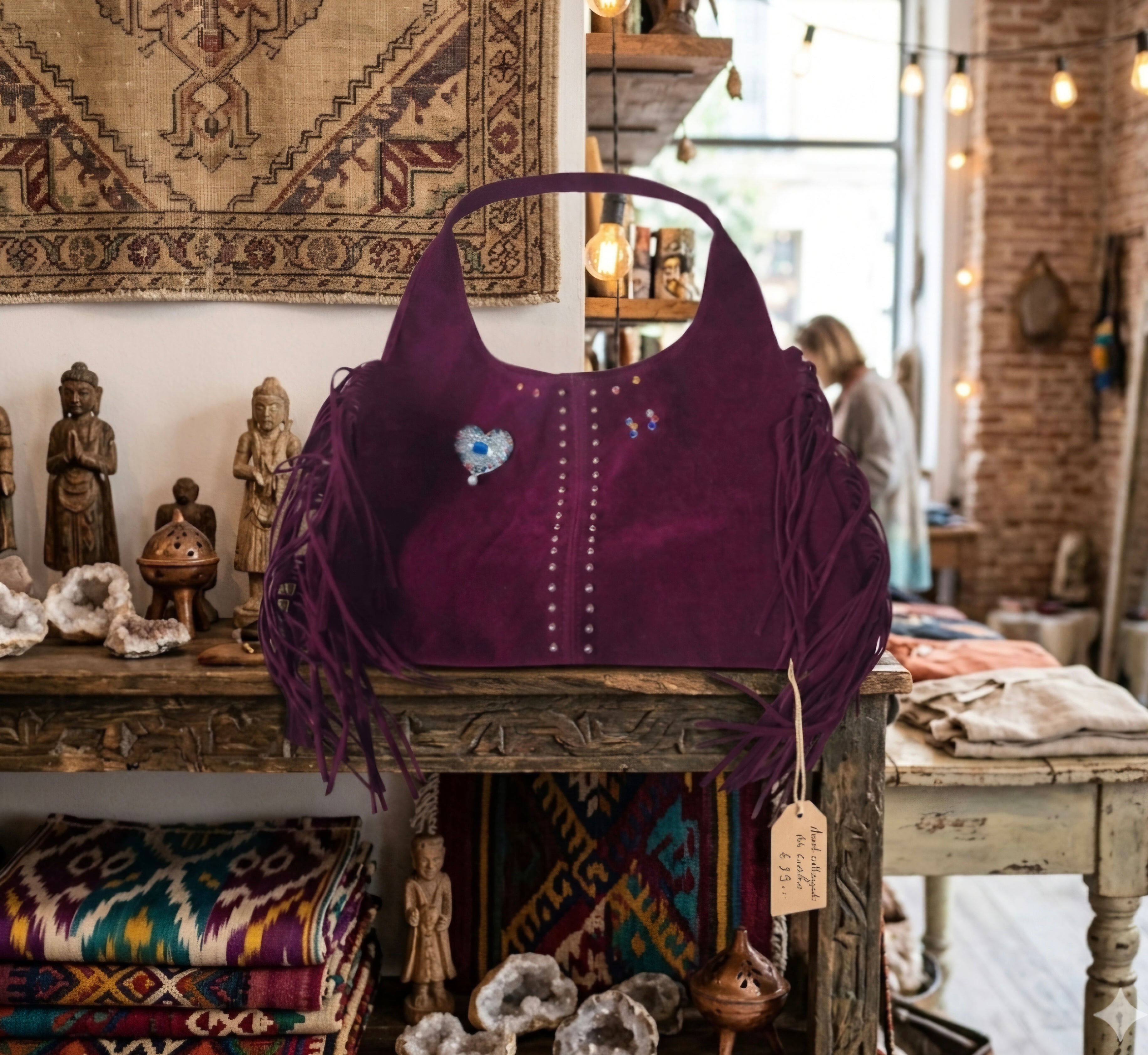Detalle corazón blanco bolso tote antelina burdeos boho chic | vaqueraspain
