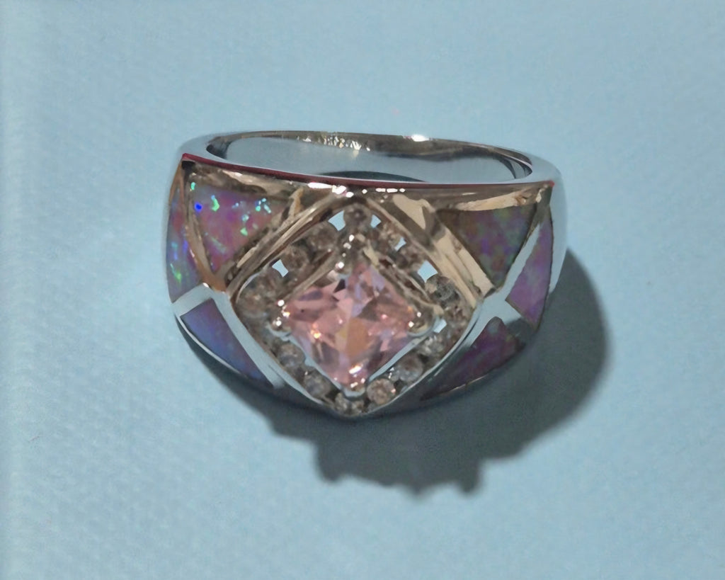 Vista lateral anillo rombo rosa plata 925 vintage | vaqueraspain