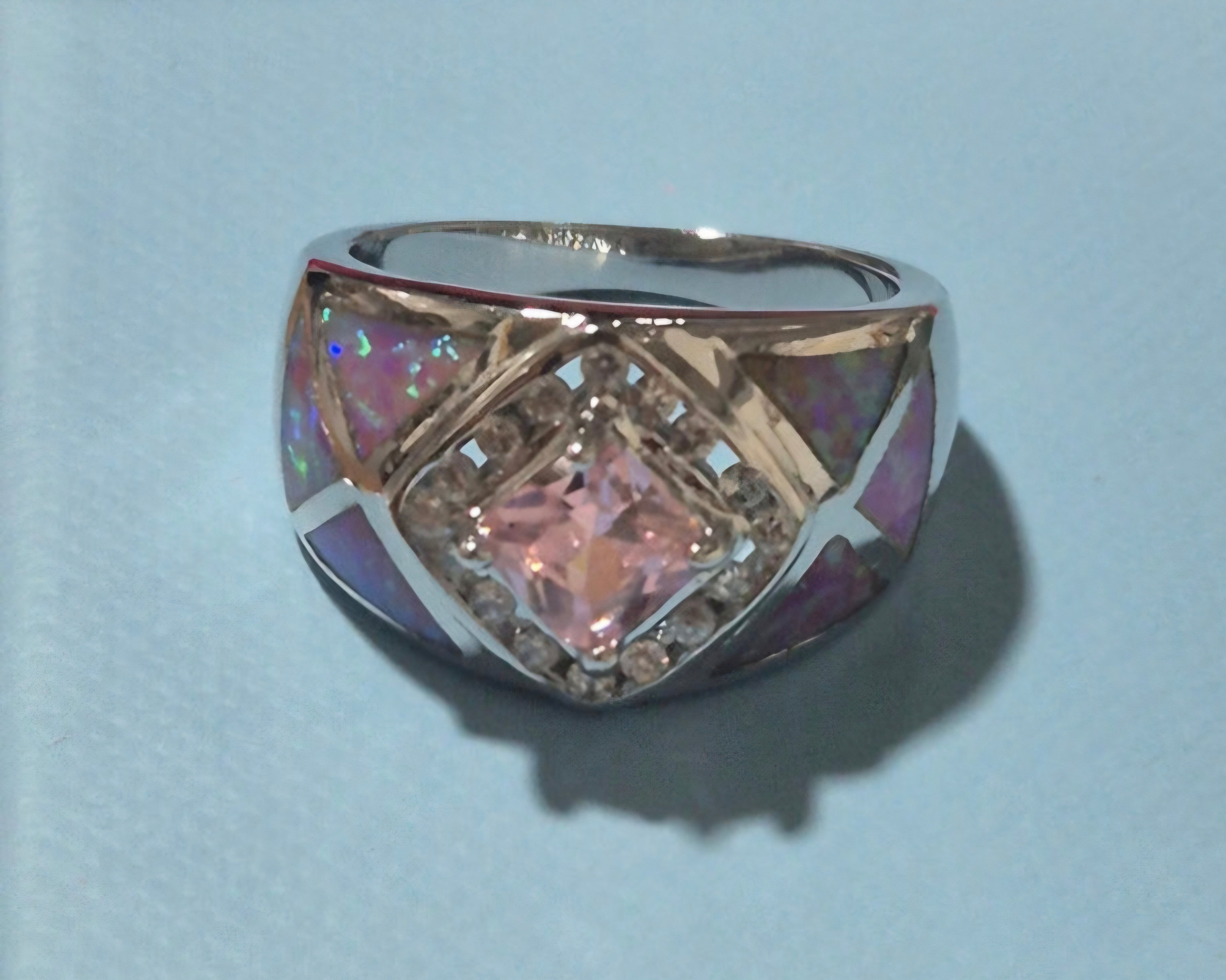 Vista lateral anillo rombo rosa plata 925 vintage | vaqueraspain
