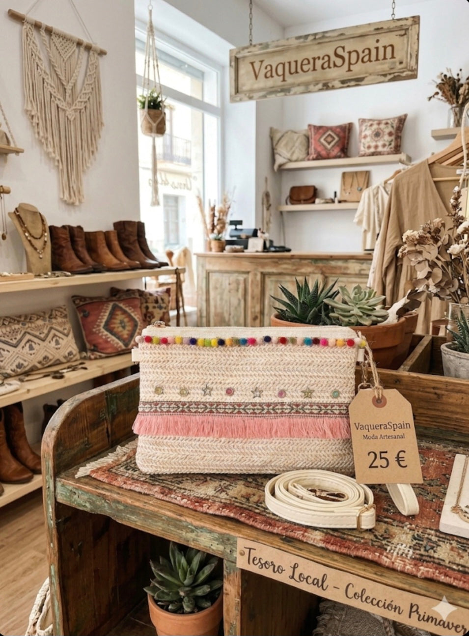 Vista lateral bolso bohemio con pompones y franja étnica flecos rosas | vaqueraspain