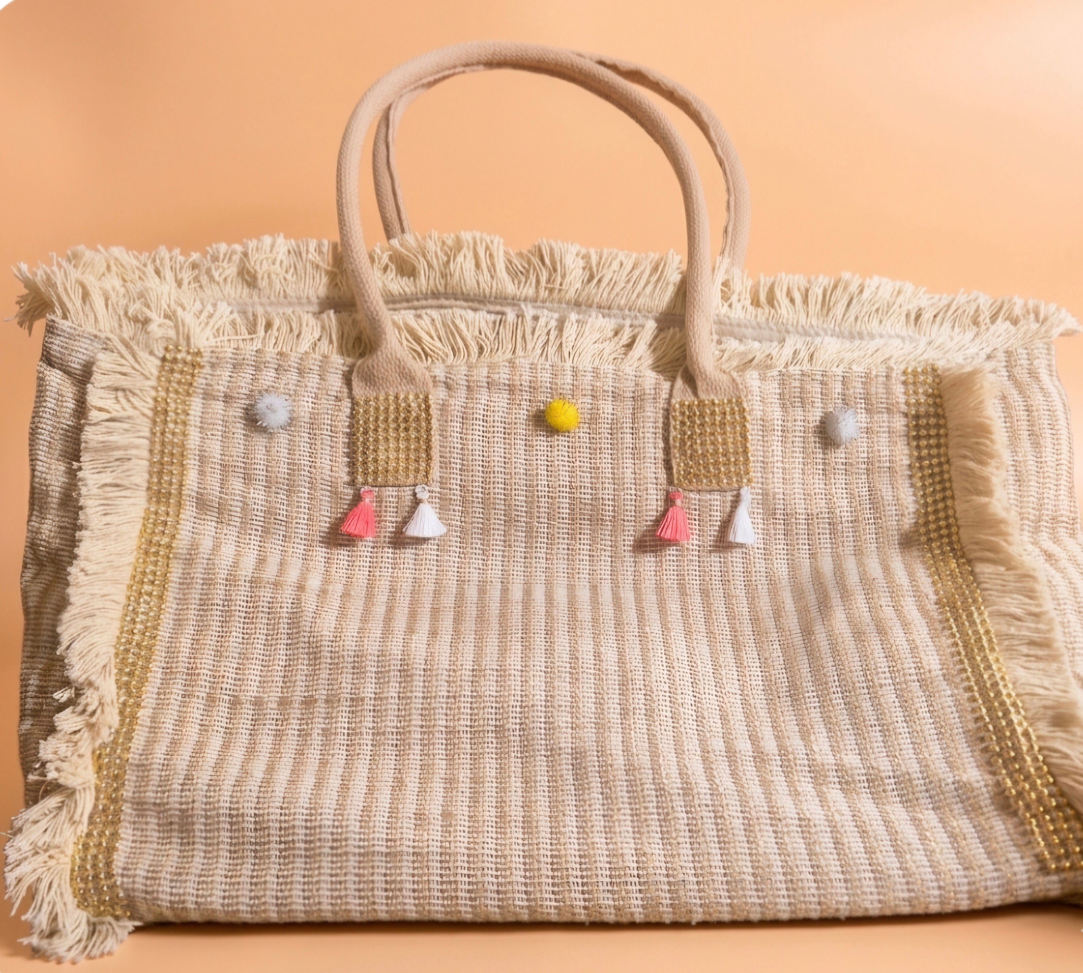 Detalle pompones y borlas bolso tote boho beige crema artesanal | vaqueraspain