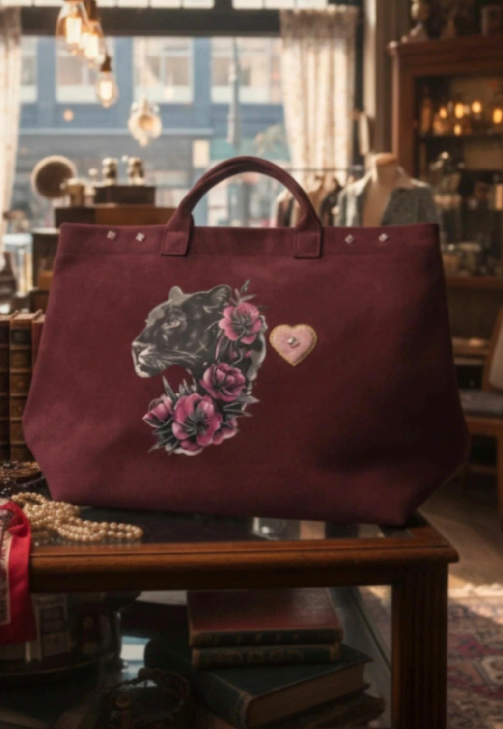 Bolso Tote antelina burdeos Pantera negra con flores - vaqueraspain