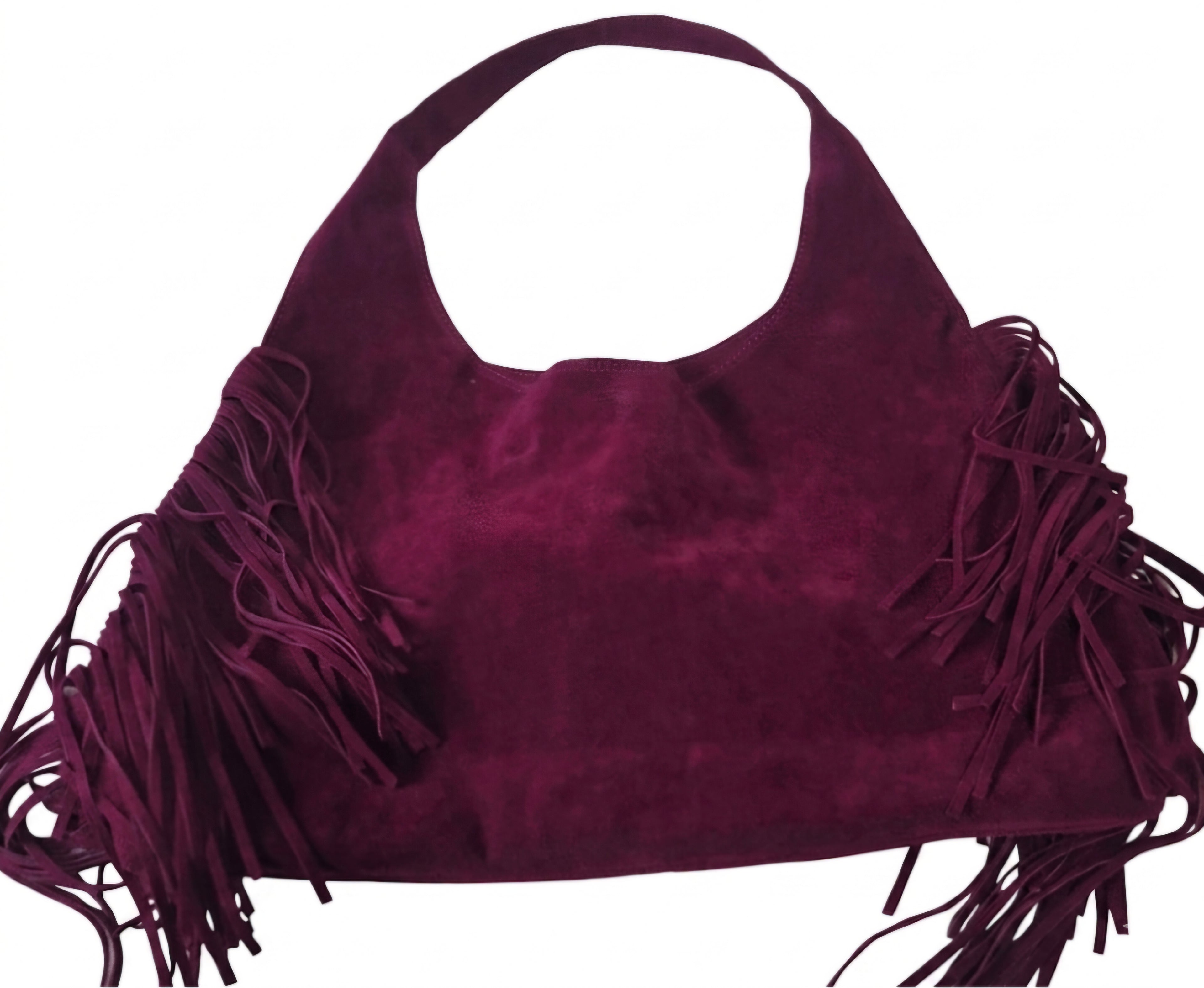 Vista frontal bolso tote antelina burdeos boho chic corazón blanco | vaqueraspain