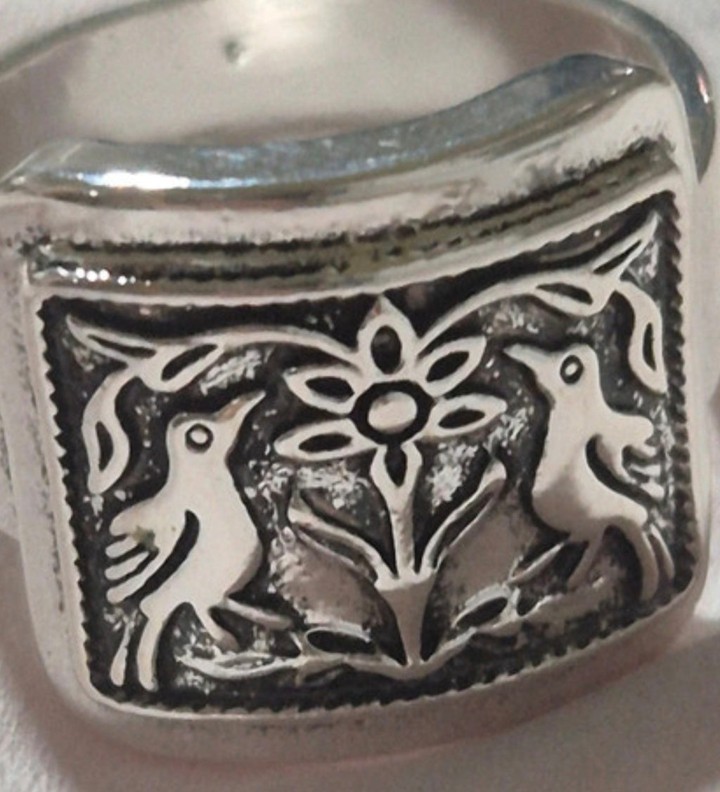 Anillo vintage bohemio étnico pájaros con flor de acero con baño de rodio | vaqueraspain