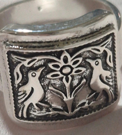 Anillo vintage bohemio étnico pájaros con flor de acero con baño de rodio | vaqueraspain