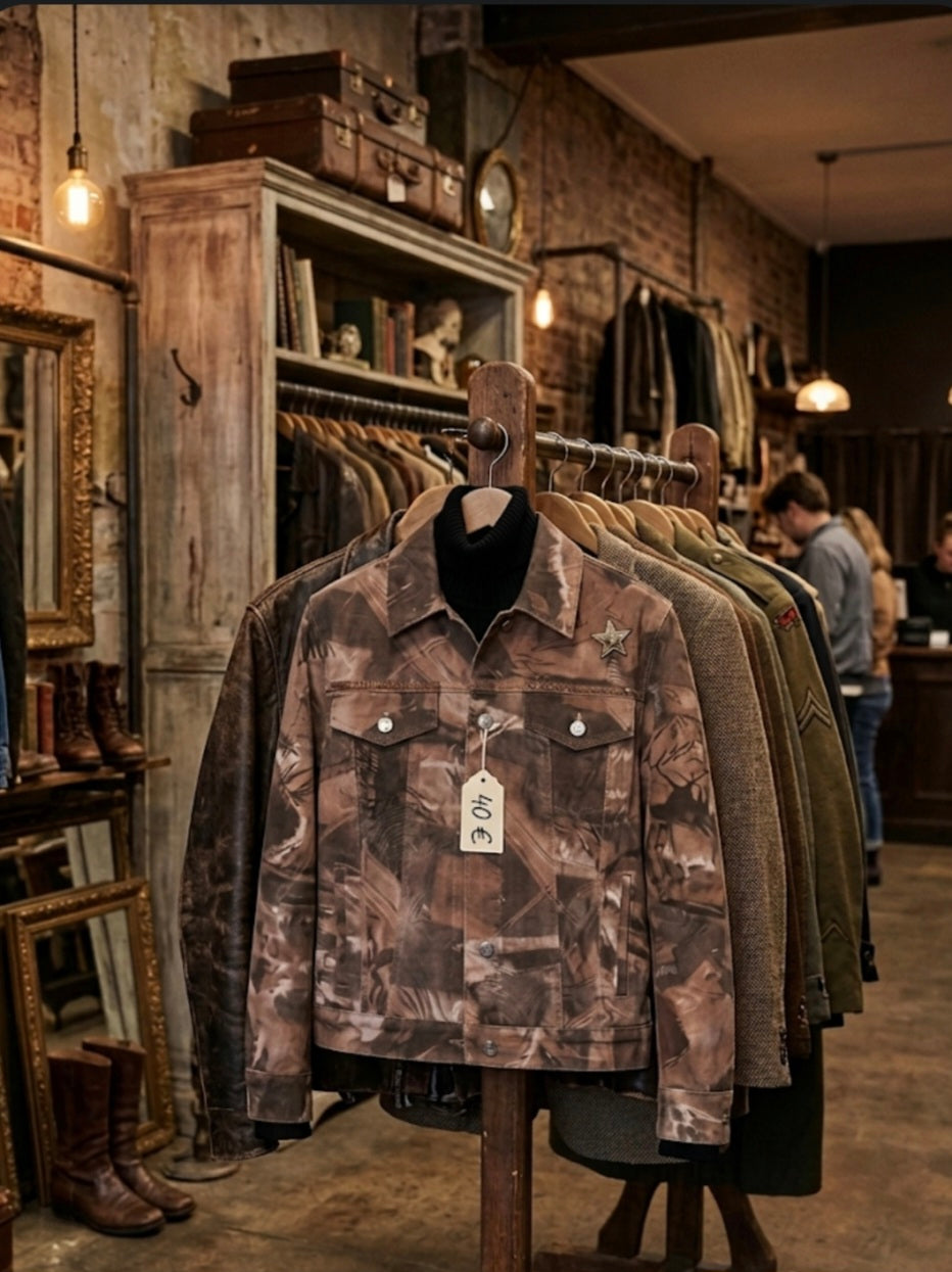 Vista trasera chaqueta mezclilla marrón con estampado Starlight | vaqueraspain