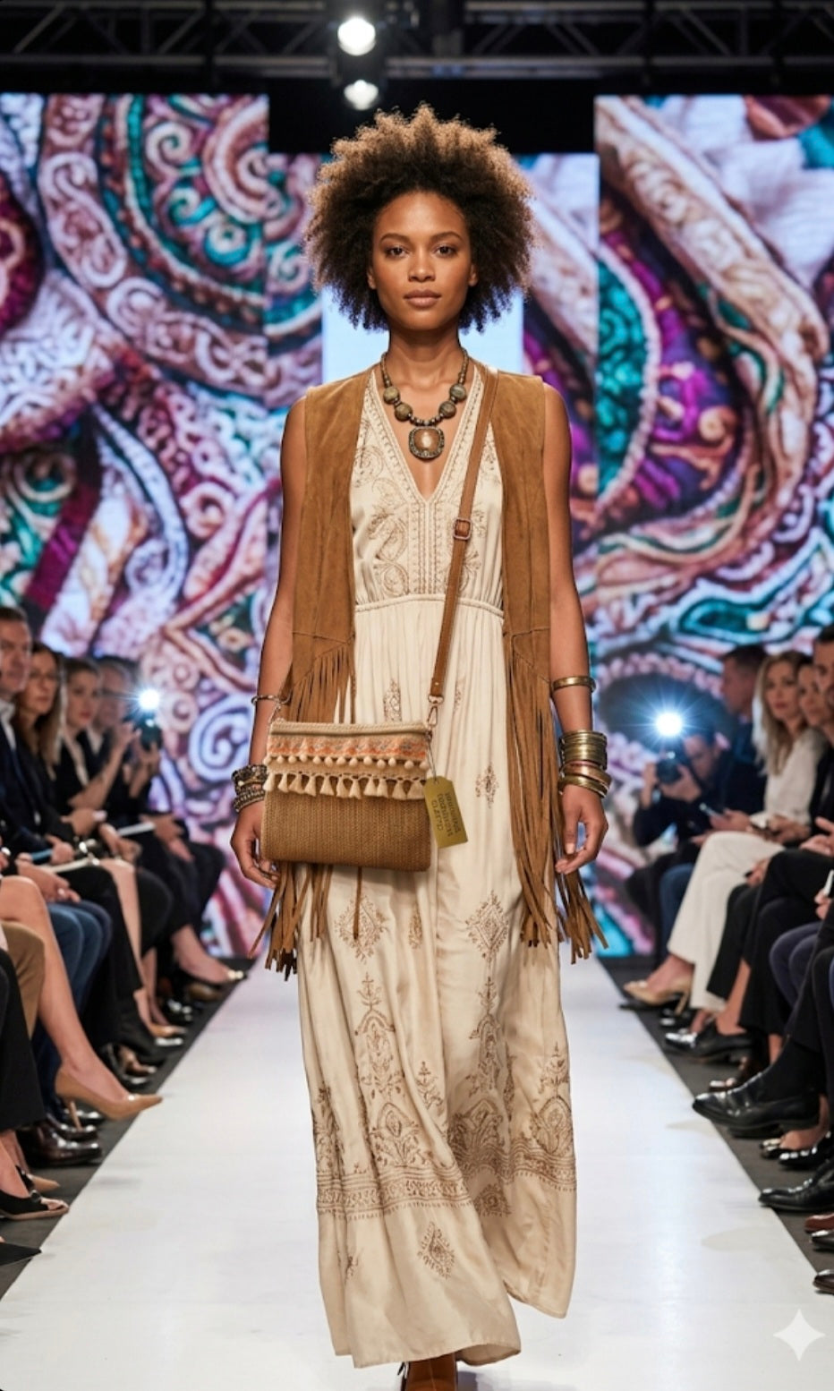 Vista trasera bolso boho chic marrón natural con bordados étnicos vintage | vaqueraspain